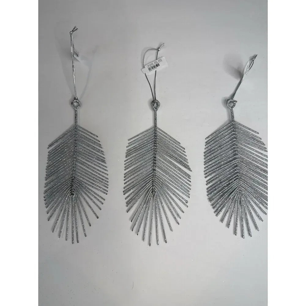 West Elm Silver Glitter Feather Ornaments Set of 3 Modern Holiday Christmas